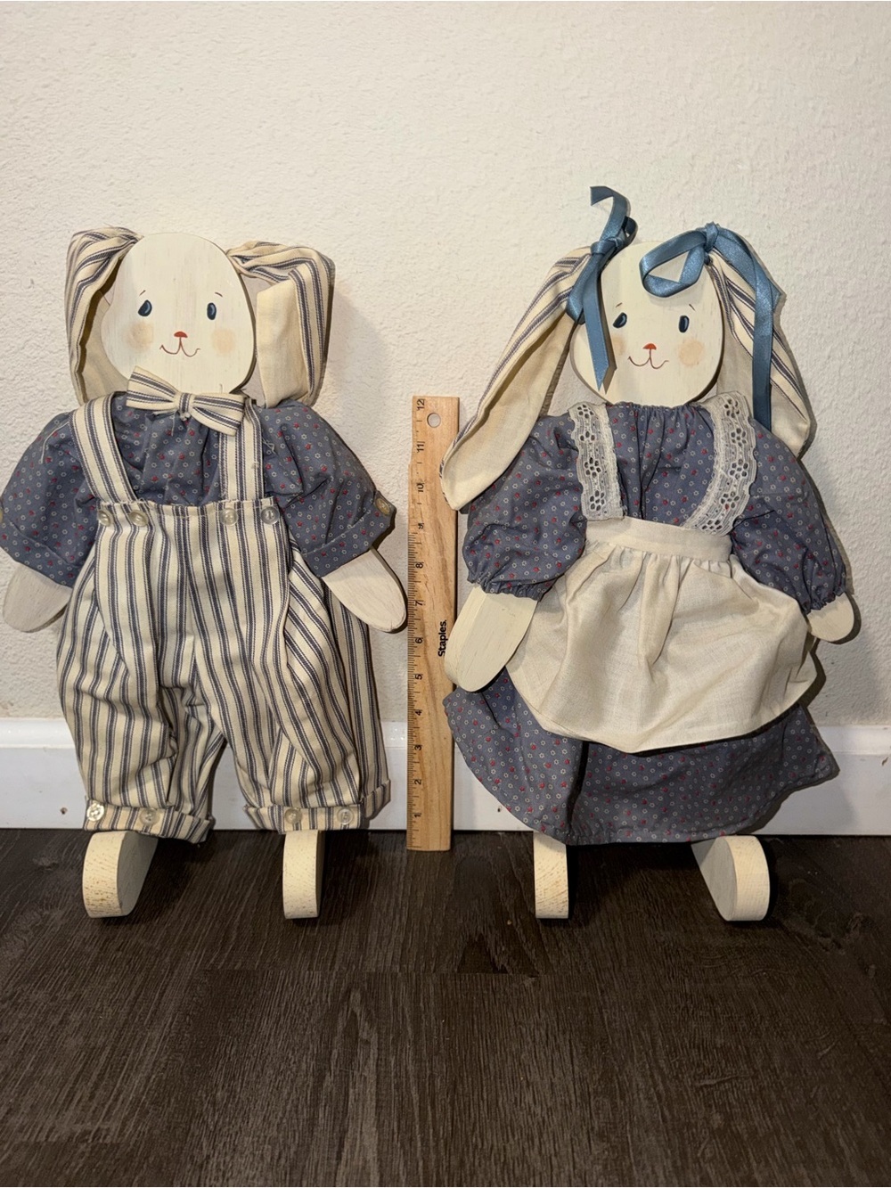 Vintage Country Wooden Shelf Sitter Bunny Couple - Set of 2